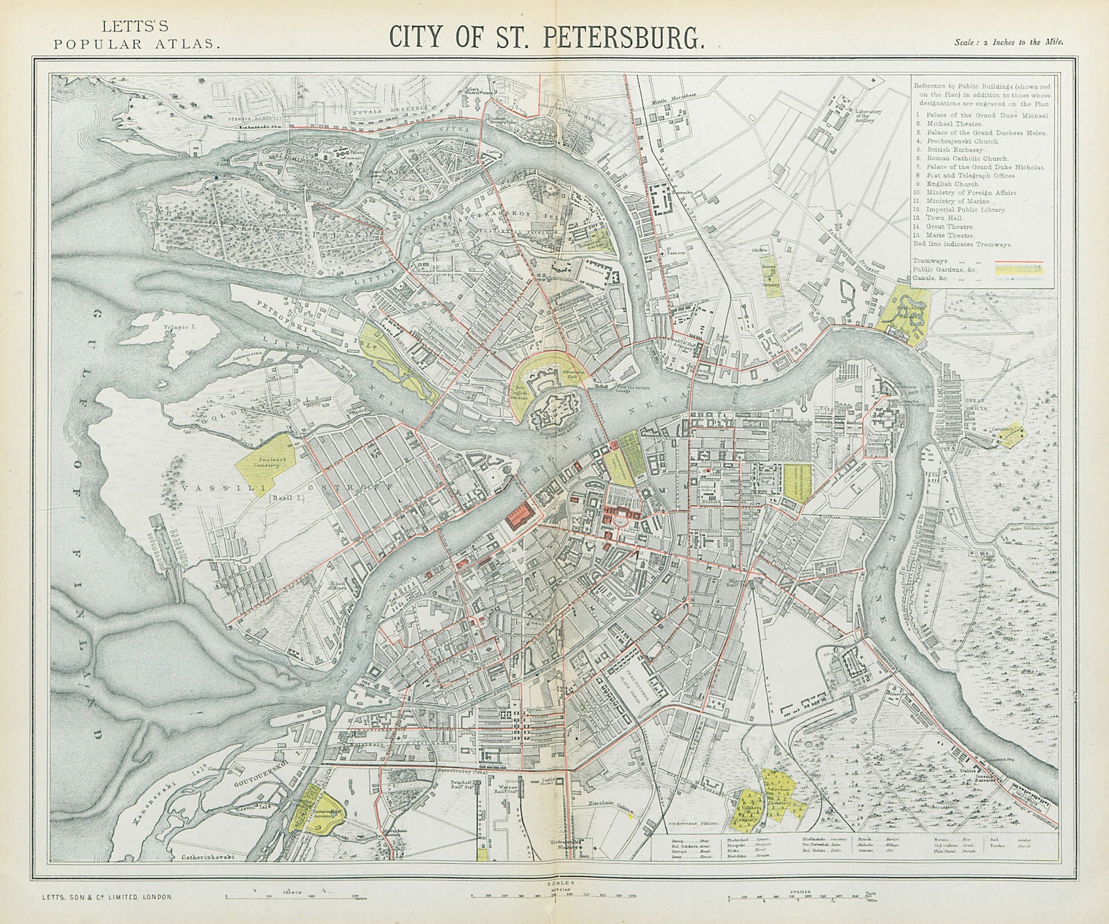 SAINT PETERSBURG antique town city map plan. Tramways. LETTS 1883 old